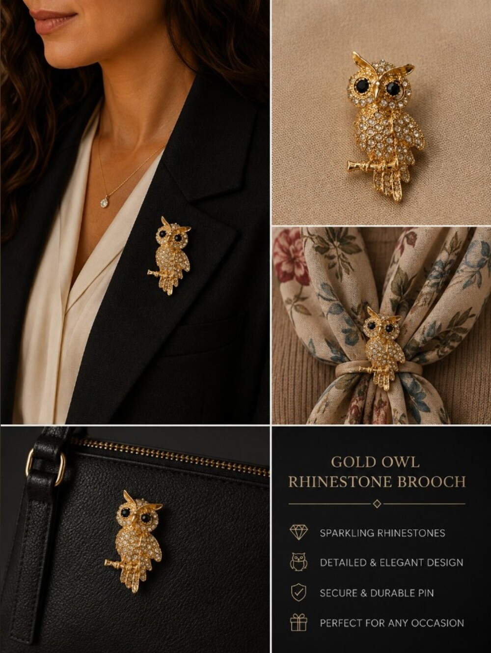 Gold Owl Rhinestone Brooch - Sparkling Gold Tone